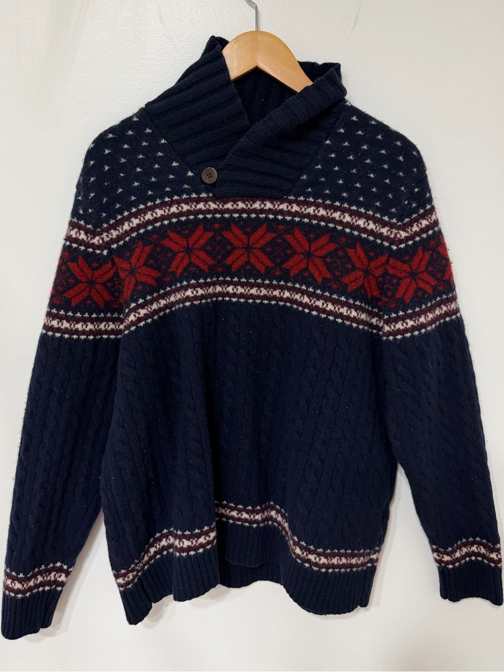 Lands’ End 100% Lambswool Navy Fair Isle Snowflake Shawl Collar Sweater